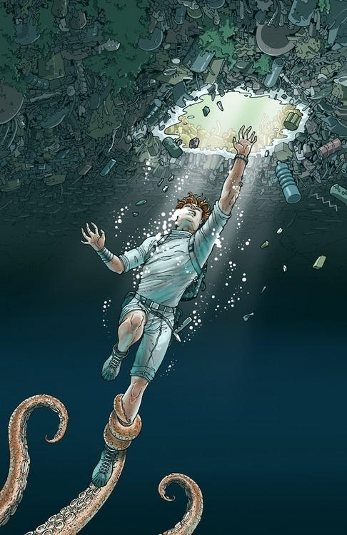 this isn't happiness™ (I've had dreams like that), Peteski #drowning #water #rubbish #litter #octopus #comic #surface #illustration #rise