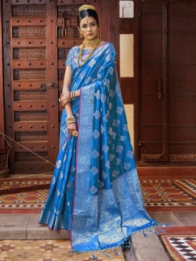 Buy Beautiful Blue Silk Partywear Saree Online | Inddus.com