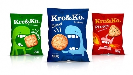 Krc&KoÂ Snacks - TheDieline.com - Package Design Blog #bag #red #packaging #food #crackers #blue #green
