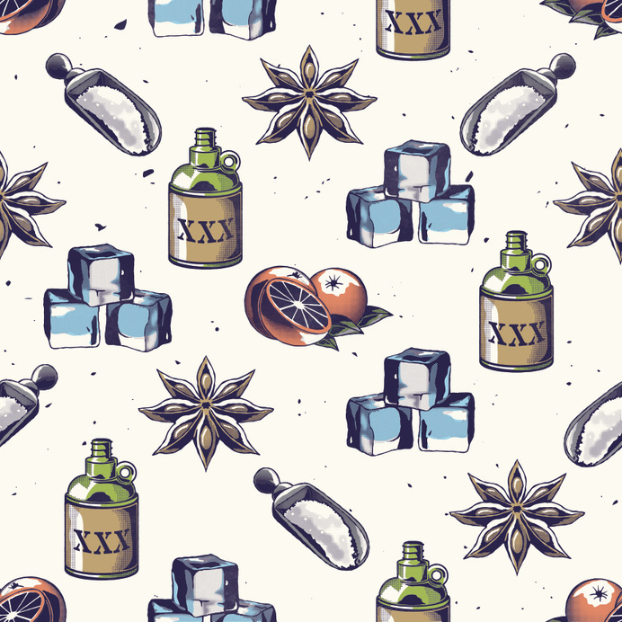 'Punch!' repeating pattern for upcoming project. Featuring the five canonical ingredients of punch: citrus, sugar, water, spice and liquor. #halftone #pattern #screenprint #punch #cocktail