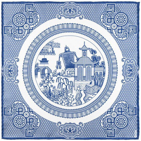 Giant robot threatens the tranquility of paradise on silk pocket square. #robot #paradise