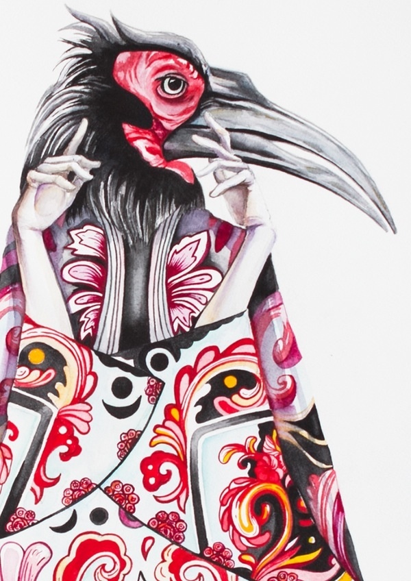 Lady bird in red. Water colour art by Nastya KFKS. KFKS STORE. #art #watercolor #drawing #fashion #design #red #bird #kfksstore