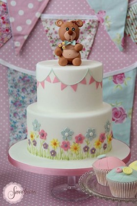 Bear and bunting cake. www.sweetnessonline.co.uk - baby shower cakes,baby shower cakes,baby shower cakes and cupcakes,baby shower cakes for boys,baby shower cakes ideas,baby shower cakes neutral,baby shower cute cakes,cake for baby shower,cakes,cute cakes for baby shower,Events