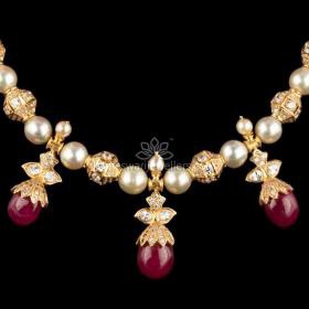 Elegant Pearl String With Ruby Pota Drops from