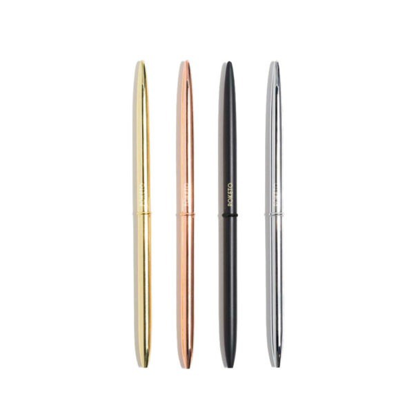Slim Pen Pack This Slim Pen Pack includes 4 sleek ballpoint pens that were designed to elevate your workspace. They feature a long and skinny shape that is light to the hands. Each set comes with three pens in metallic finishes and one in matte black.