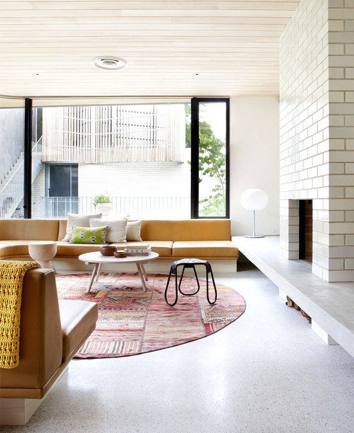 Brick House with Smooth Curves u shaped built in seating #interior #design #decor
