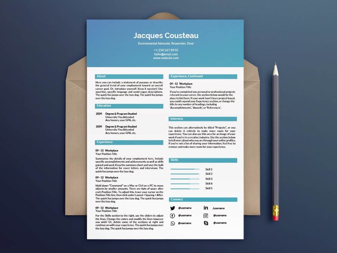 The Cousteau Resume - Free Two Columns Resume Template