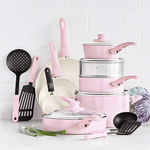 GreenLife Soft Grip Healthy Ceramic Nonstick, Cookware Pots and Pans Set, 16 Piece, Pink