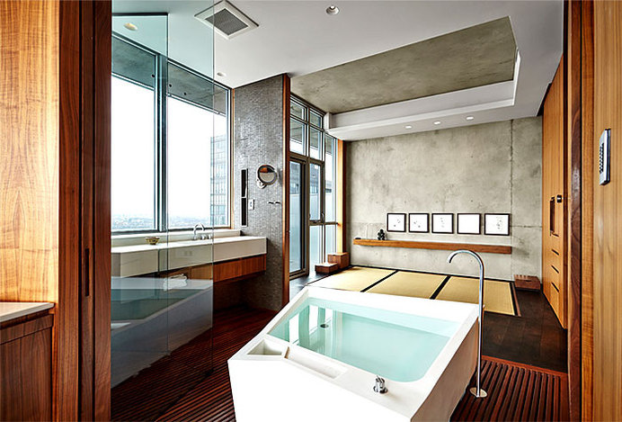 Fichman Residence Wooden Rhapsody for Bohemian Life Style functional space floor ceiling windows #interior #bath #design #bathroom
