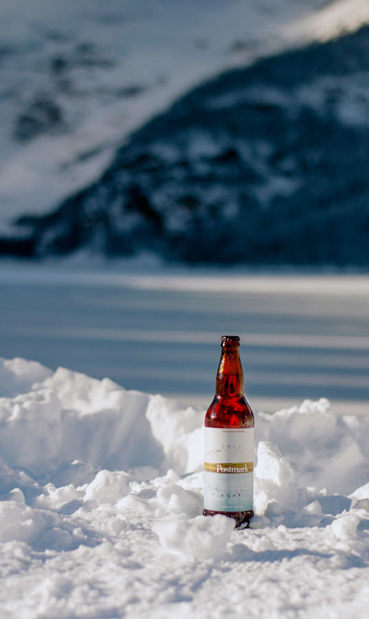 postmark, beer, culture, reflective, bottle, winter, snow, river