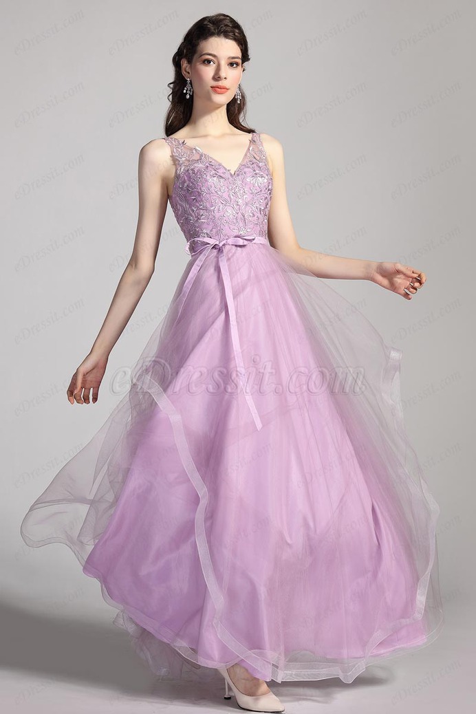 eDressit Purple V-cut Straps Lace Tulle Ball Evening Dress (00206106)