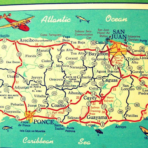 map PUERTO RICO art photo print 8x8 teal red yellow art vintage San Juan1960's Ponce Arecibo Caribbean Ocean sea beach house decor retro #map