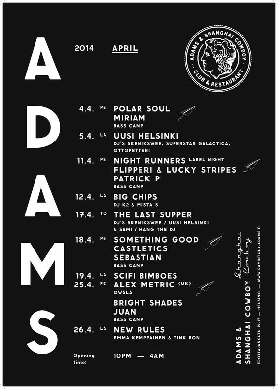 ADAMS Club & Restaurant poster. Design: Tony Eräpuro #layout #mobile #responsive #masonry #website restaurant #club #helsinki