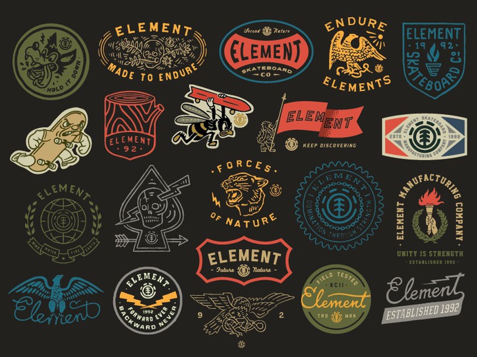 Element patches apparel graphics identity typography branding illustration