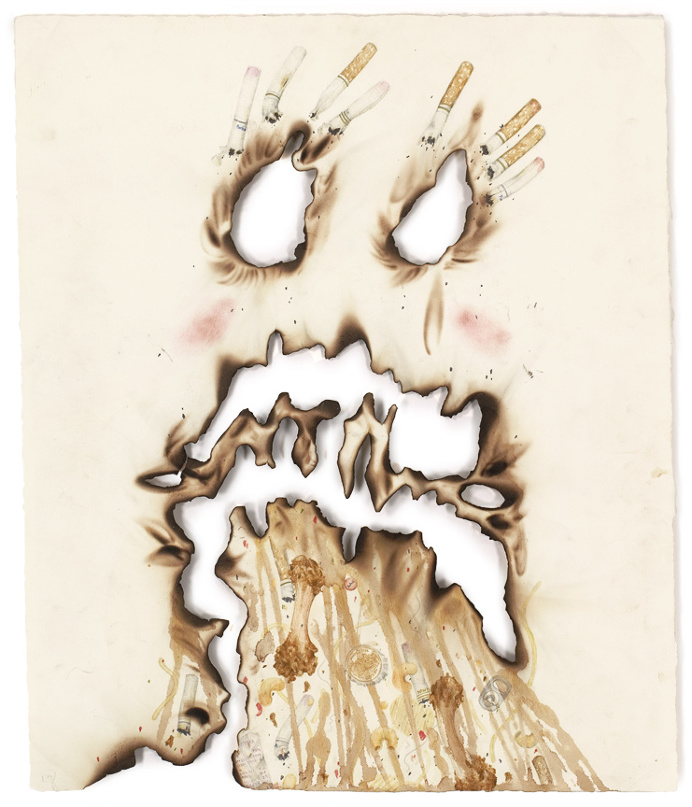 "Vomit Comet" pencil, colored pencil, acrylic, beer, coffee, dirt on paper, 18" x 15", 2008