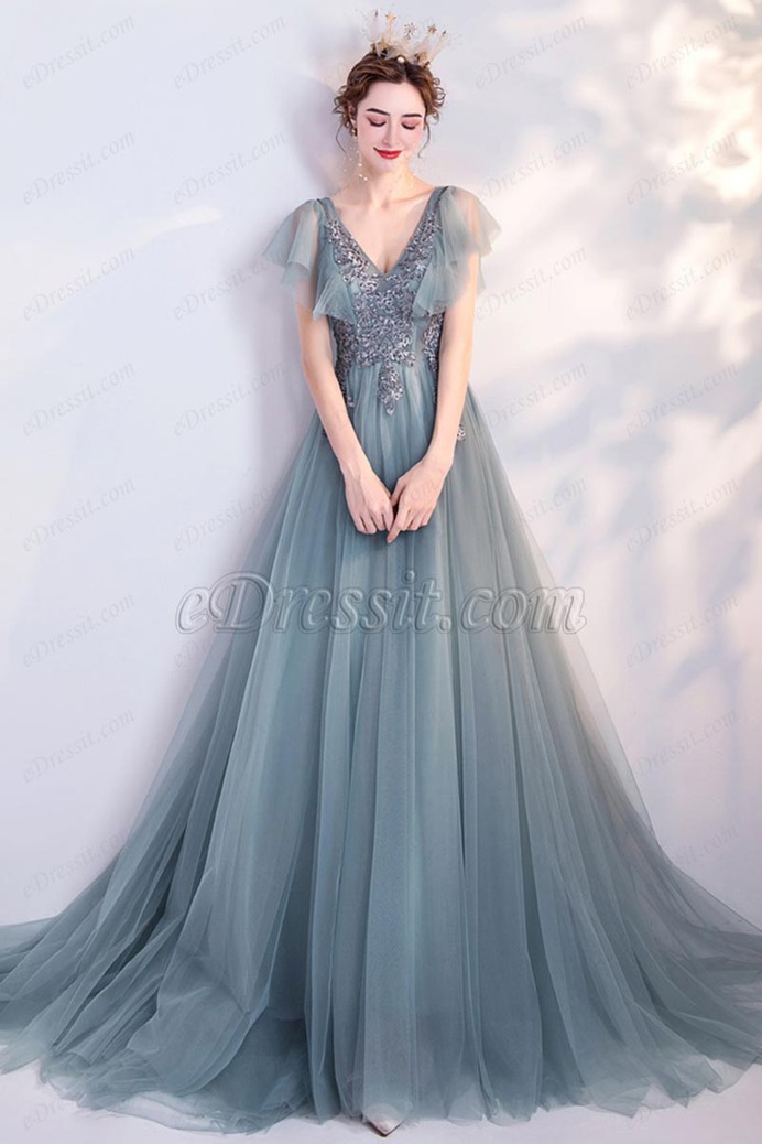 eDressit Lovely Green Cap Sleeves V-Cut Embroidery Party Prom Dress (36227404)