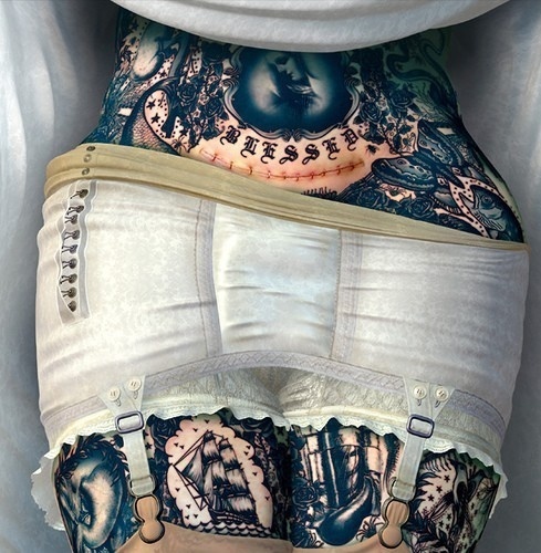 muscavomitoria:Detail Image by Ray Caesar #lingerie #retro #body #tattoo #painting #underwear #skin