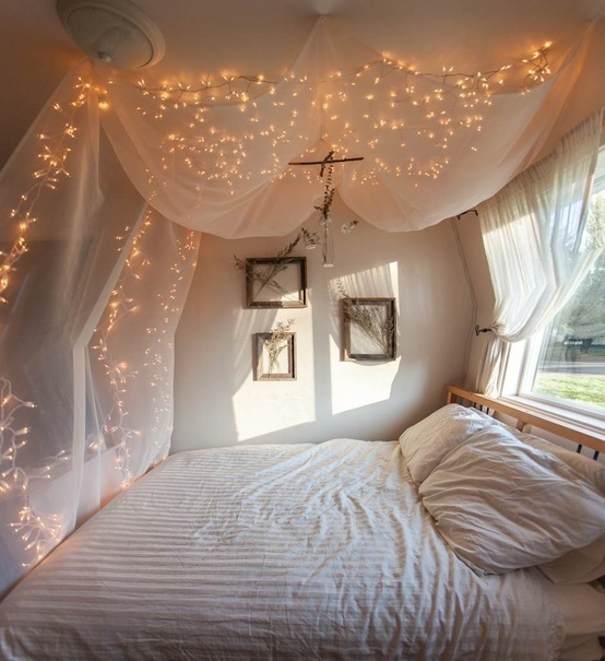Fresh and Brighttwinkle lights at night #window #lights #bed