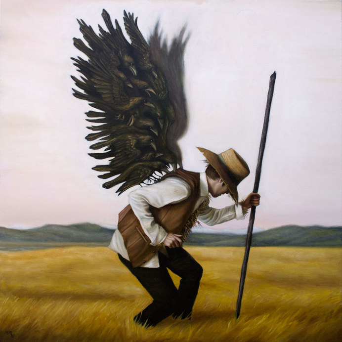 The Scarecrow Takes Flight - Michael Ramstead #scarecrow #field #fantasy #flight #design #illustration #painting #crow #art #raven