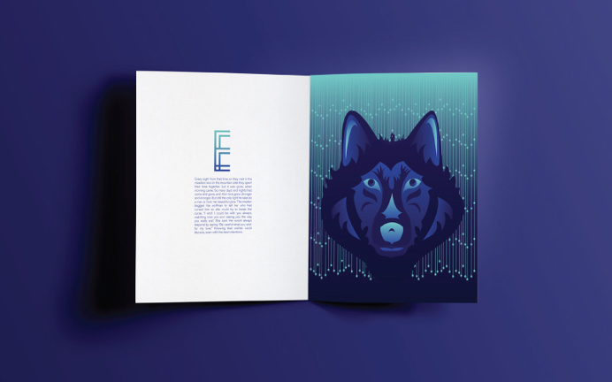 layout design, modern art, moon, vector art, illustration, book art, wolf, wolf and maiden, fairytale, legend, storybook, storybook art, mag