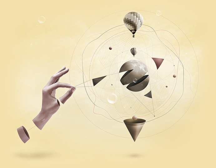 'Slace' by alcalay. #abstract #balloons #design #yellow #space #digital #piece #art #hands #manipulation #3d #moon