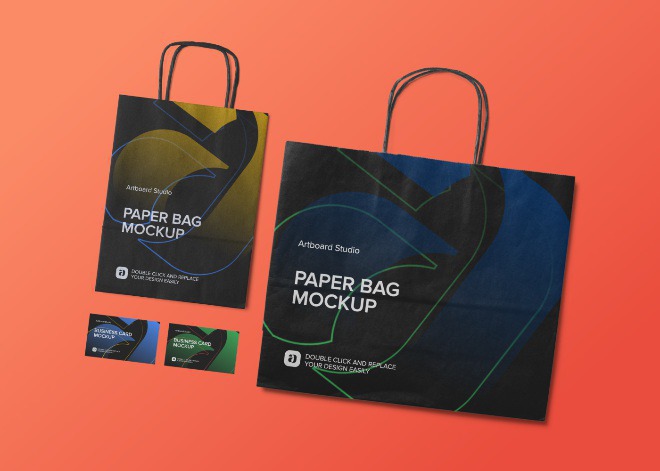 Paper Bag and Business Card Mockup Scene #bag #businesscard #print #package #design #mockup #logo