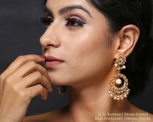 Traditional Gold and Diamond Polki Chand Bali Earring Pair with Antique Pearls - gold diamond polki kundan meena jadau jewellery