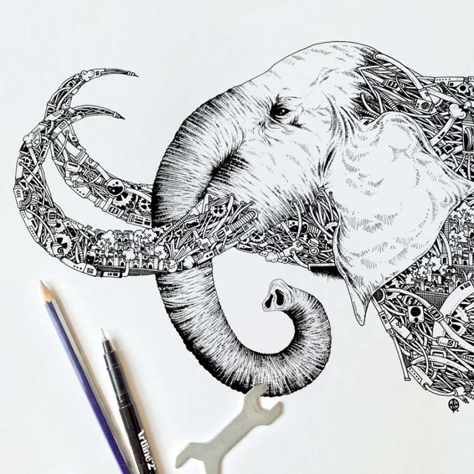 Black Pen Doodles with Steampunk Twist