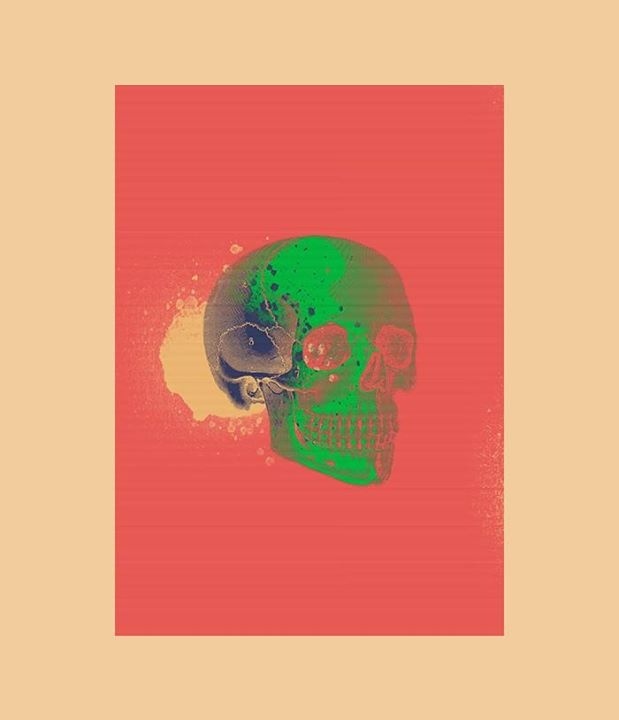 Collage composition, taking basic elements as a vintage skull image and some spray graffiti brushes. Creating in that way a colourful x-ray