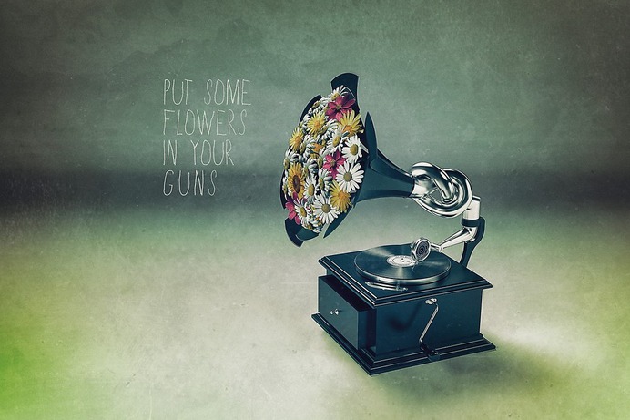 put some flowers in your guns, gramophone with flowers by mauro mondin #gramophone #vinyl #record #music #hippie #putsomeflowersinyourguns #3d #photoshop
