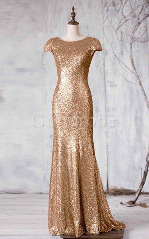 Robe demoiselle d'honneur longue naturel avec manche courte de sirène en tissu pailleté