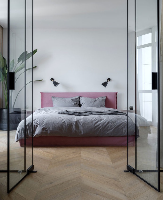 Open Plan Apartment Separated Only with Glass Panels - InteriorZine #bedroom #interior #decor