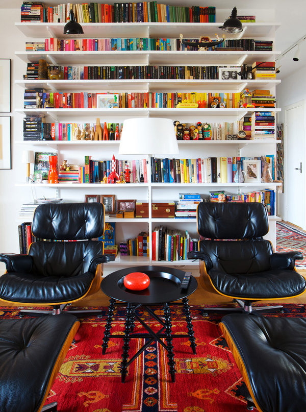 Design, Color and Shape in Swedish Apartment #interior #homeoffice #sweden #bookshelves #workplace #design #books #decor #swedish #armchait #workspace