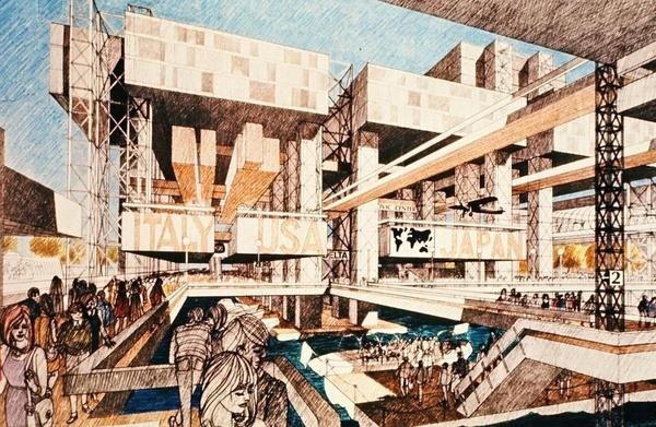 Original architects sketches from late 60s plan to build an island Expo city in 1976, which would then become Boston's new floating n #fair #worlds #boston #rendering