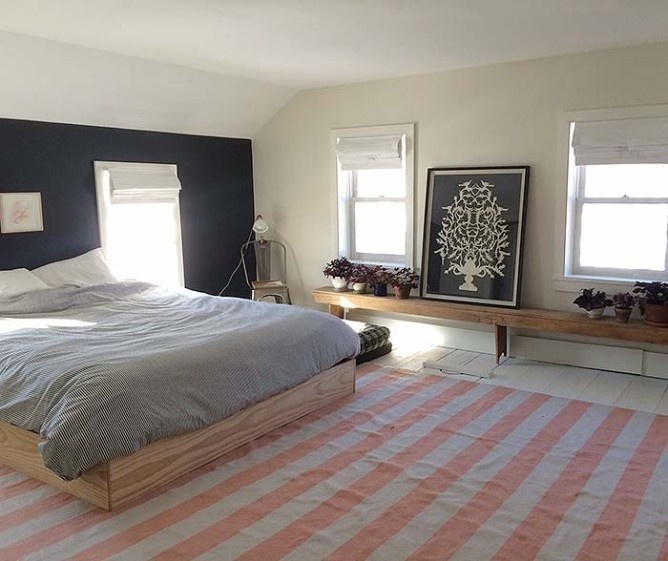 We painted the walls BM French Canvas, the trim BM White Dove and the floor a standard porch paint white. We painted our "headboard" wall BM #stripes #bed