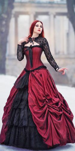 gothic wedding dresses black and red lace slevees