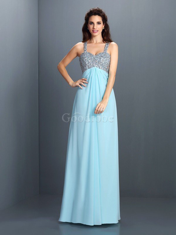 Robe de soirée longue avec sans manches bretelles spaghetti avec perle avec chiffon