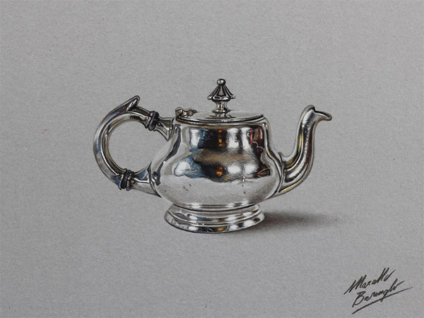 Realistic Color Drawings of Everyday Objects by Marcello Barenghi #teapot #metal #realism