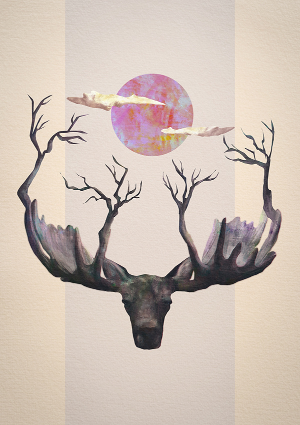 Reborn on Behance #clouds #stag #illustration #strange #art #collage #trees #moon