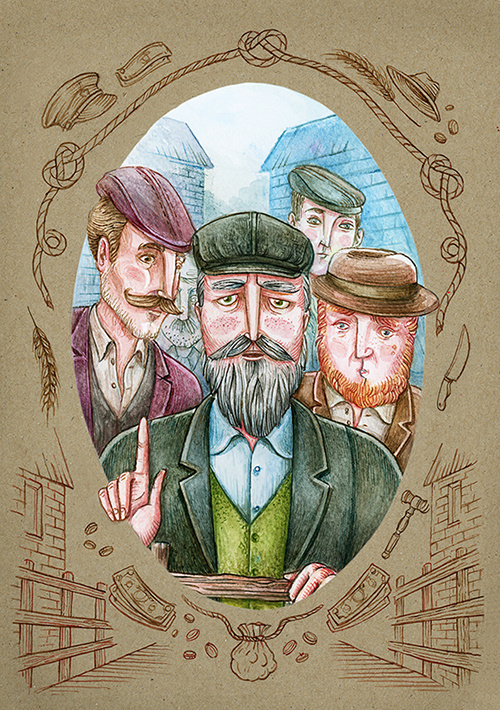 Illustration for the book "War Horse" #grandpa #auction #market #men #faces #vintage #watercolor #illustration