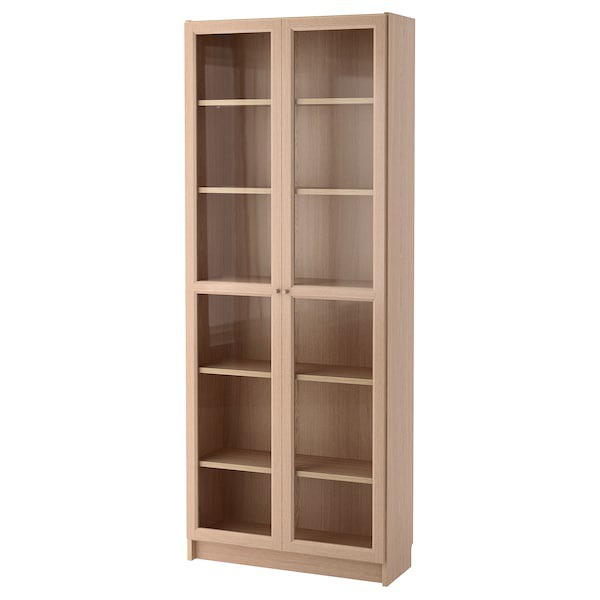 BILLY / OXBERG Libreria con anta a vetro, impiallacciato rovere mord bianco/vetro, 80x30x202 cm