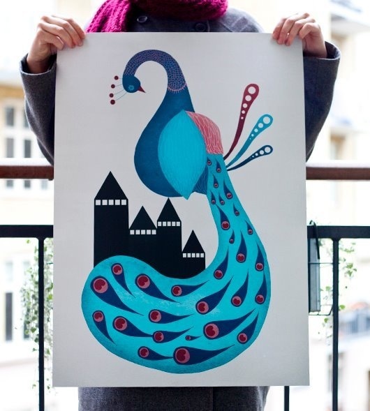 Michelle Carlslund Illustration: Peacock poster #nordic #city #peacock #nice #danish #bird #feathers #illustration #elegant #scandinavian #poster #blue