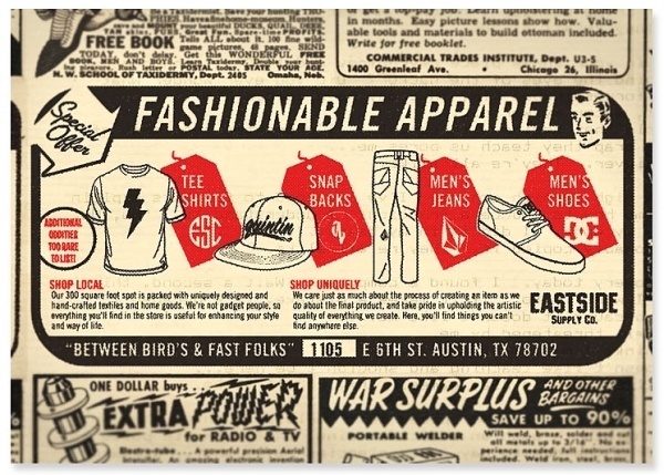 Eastside Supply Co. Advertisement - www.thefactorykids.com #east #side #retro #texas #austin #vintage #ad #fashion #factory #style #kids