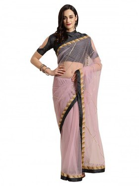 Buy Subtle Pink Net Partywear Woven Saree - Inddus