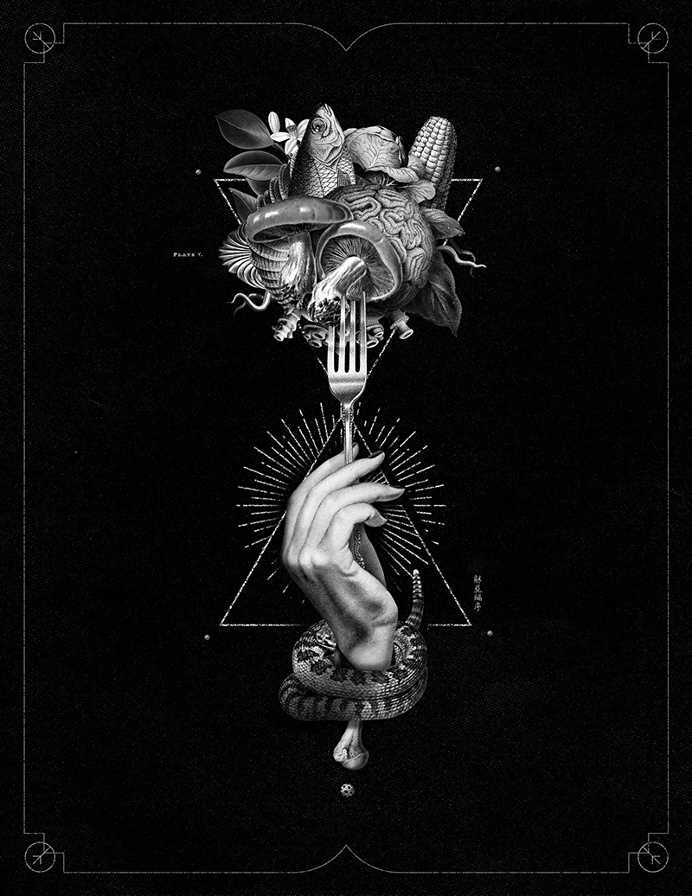 Anonymous Eaters on Behance #allblack #black #food #collage #hand #fork #poster #design #snake