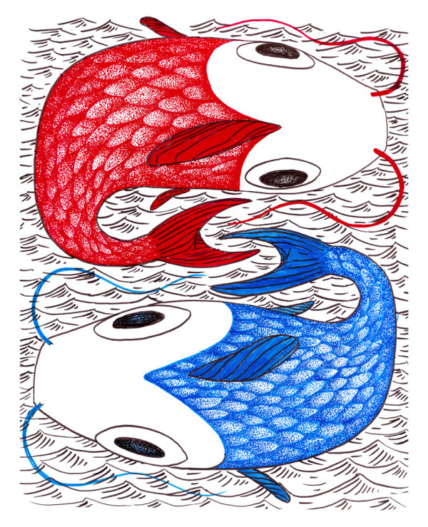 redfishbluefish — illustration by Ryan Crane #marker #red #fish #illustration #pointillism #blue #drawing