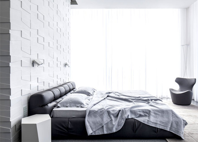 Penthouse Located in Tel Aviv white monochromatic bedroom interior #modern #bedroom #design #bed #leather