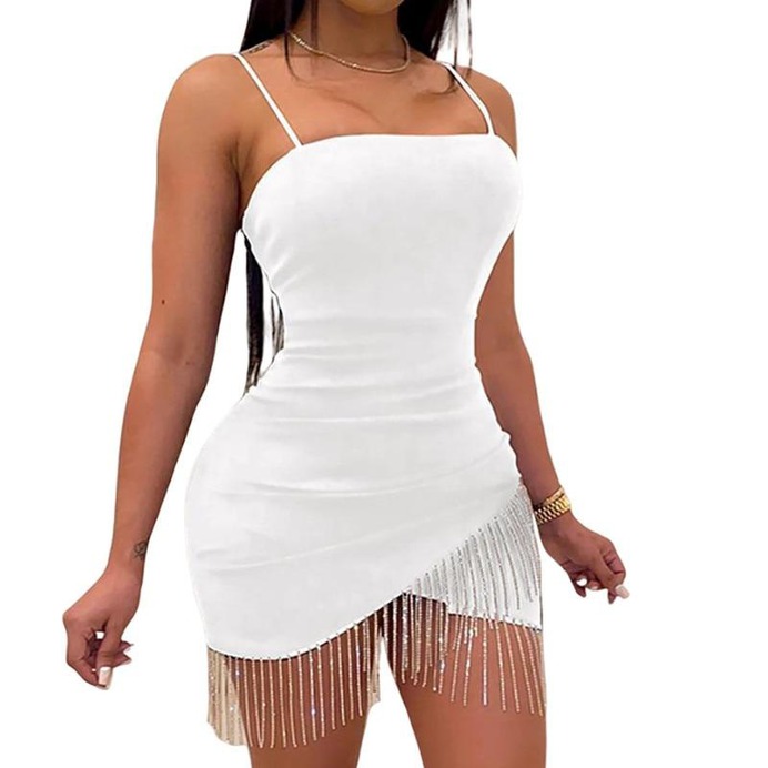 Tassel White Dress 2020 Night Out Bandage Spaghetti Strap Dresses