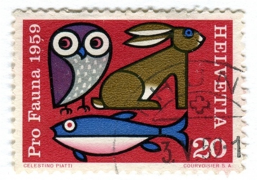 All sizes | Switzerland Postage Stamp: Pro Fauna | Flickr - Photo Sharing! #stamp #owl #fish #retro #vintage #animals #type #rabbit #typography