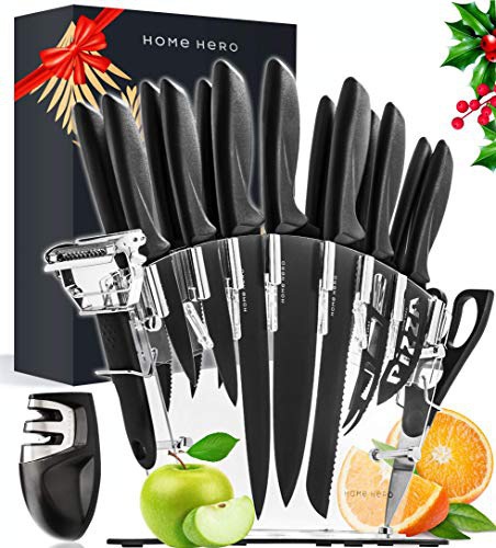 Home Hero 17 Pieces Kitchen Knives Set, 13 Stainless Steel Knives + Acrylic Stand, Scissors, Peeler and Knife Sharpener